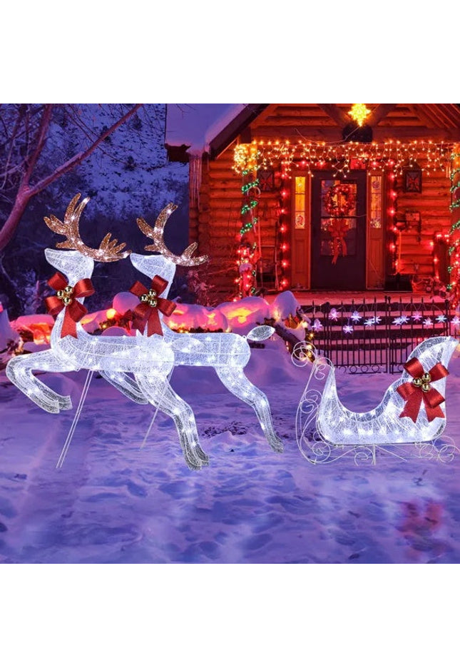 3-Piece Lighted Set Of 2 Reindeer & Sleigh, Weather Proof Christmas