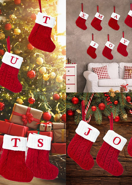 Christmas Socks Knitting Red Snowflake Alphabet Letters Christmas