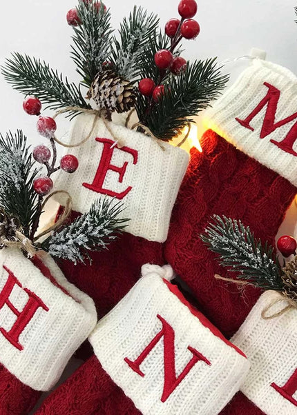Christmas Socks Knitting Red Snowflake Alphabet Letters Christmas