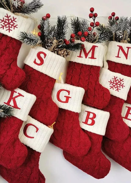 Christmas Socks Knitting Red Snowflake Alphabet Letters Christmas