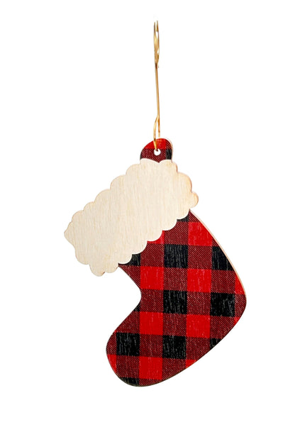 Plaid Stocking Wood Ornament