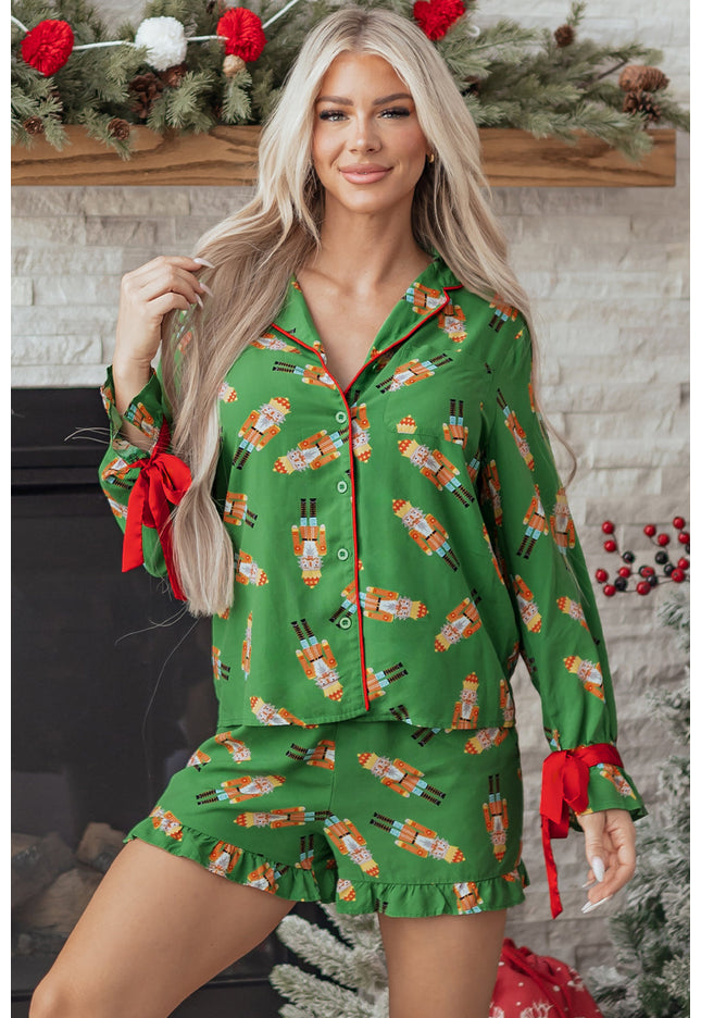 Christmas Bow Top and Ruffle Shorts Pajama Set