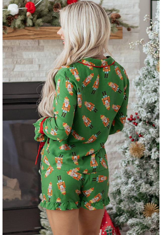 Christmas Bow Top and Ruffle Shorts Pajama Set