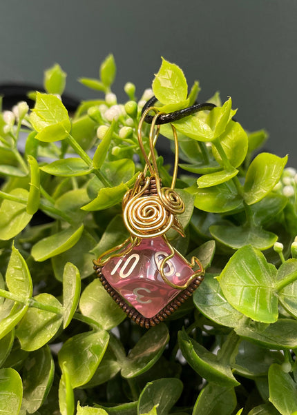 Wire Wrapped D10 Dice Pendant Pink