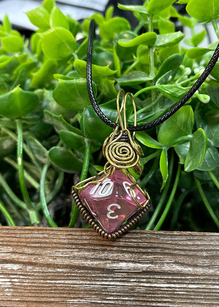 Wire Wrapped D10 Dice Pendant Pink