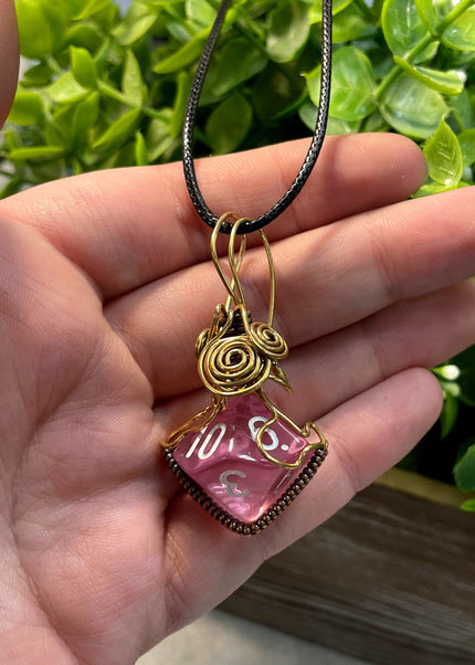 Wire Wrapped D10 Dice Pendant Pink