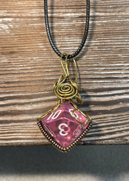 Wire Wrapped D10 Dice Pendant Pink